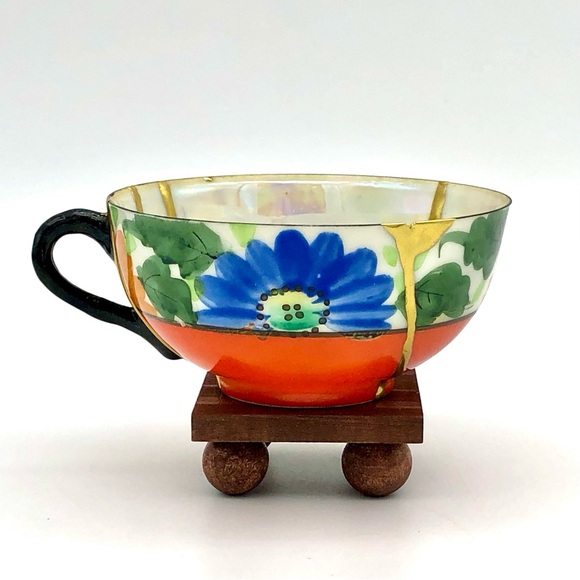 Retro Floral Teacup Kintsugi Eggshell Gold Crack Vtg MCM Japanese Growth Gift - Picture 11 of 16